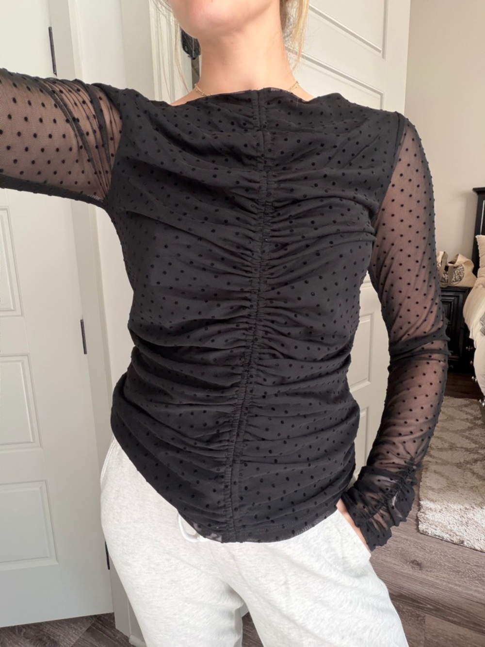 LAUNDRY by Shelli Segal Boatneck Long Sleeve Ruched Mesh Top